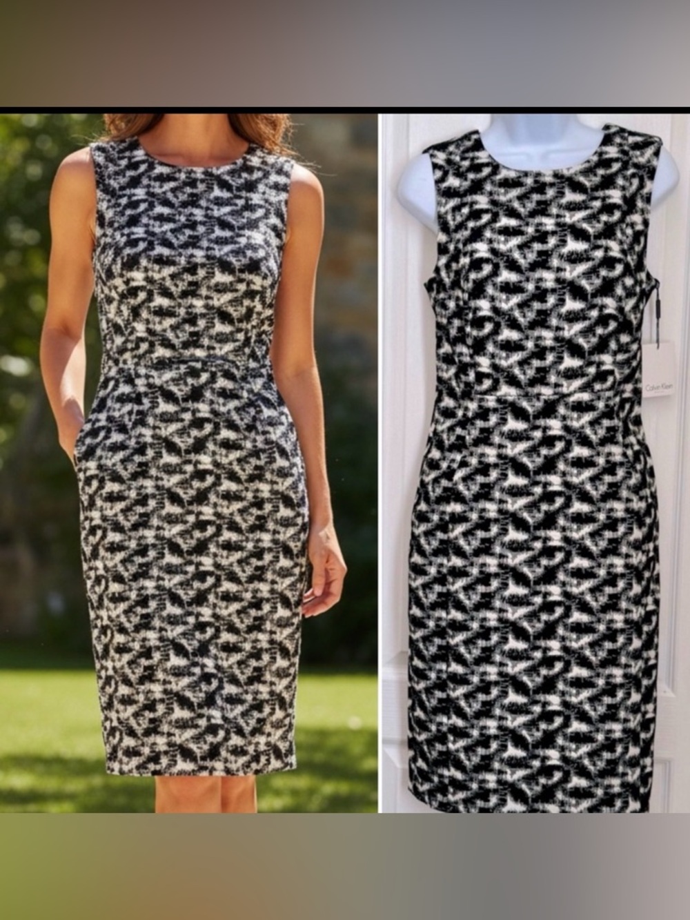 CALVIN KLEIN BLACK & WHITE SHEATH DRESS. SIZE 10. SLEEVELESS, KNEE LENGHT.